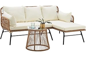 EROMMY 3 Piece Patio Furniture Set, L-Shaped Sectional Conversation Sofa Set with Thick Cushions and Toughened Glass Coffee Table for Backyard Balcony Garden Porch, White