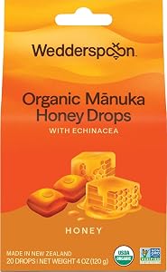 Wedderspoon Organic Manuka Honey Drops, Honey & Echinacea, 20 Count | USDA Organic, Genuine New Zealand Honey, Natural Remedy