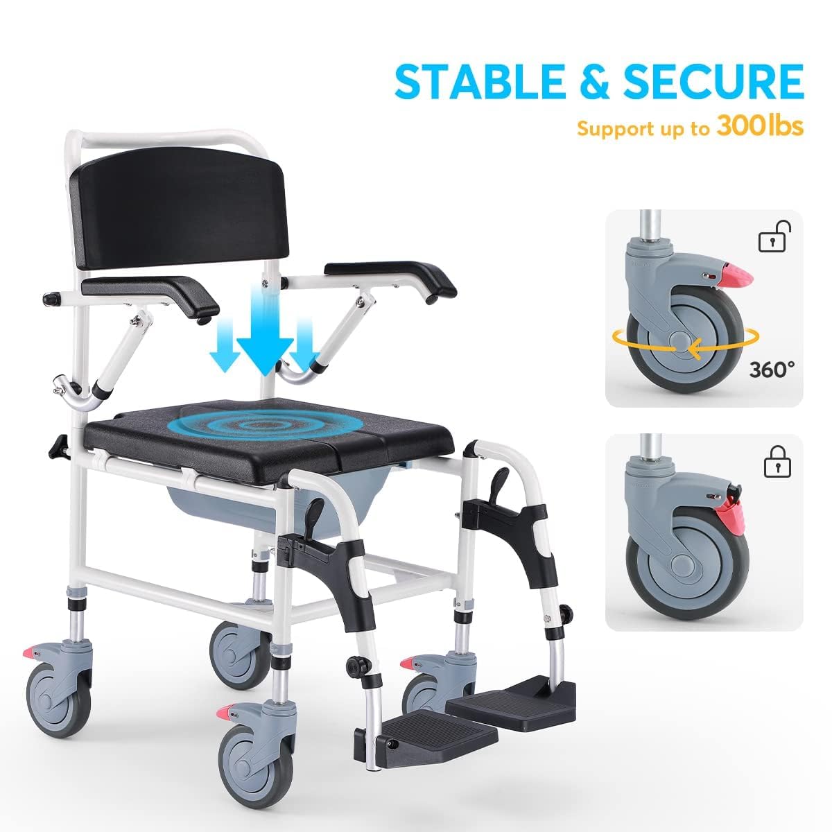 OasisSpace Shower Commode Wheelchair - 300LB Waterproof Shower Chair with Wheels, Rolling Shower Chair with Swing Away Footrests and Flip Back Arms for Elderly Adults Diasbled (FSA or HSA Eligible)