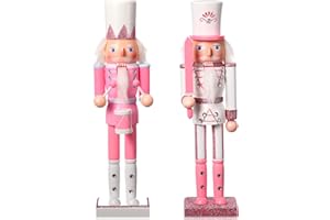 Huwena 2 Pcs Pink Christmas Nutcracker Figure Decorations Wooden Nutcracker Soldier Figure Decor 12 Inch Holiday Festive Party Gift for Home Office Mantel Shelves Table Decor(Drummer, Pink Sword)