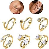 AOEDEJ 6PCS 16G Nose Rings Hoops 8mm/10mm Surgical Steel Earrings Tragus Septum Piercing CZ Clicker Ring for Women Men Cartilage Earring Conch Hoop Piercing Jewelry