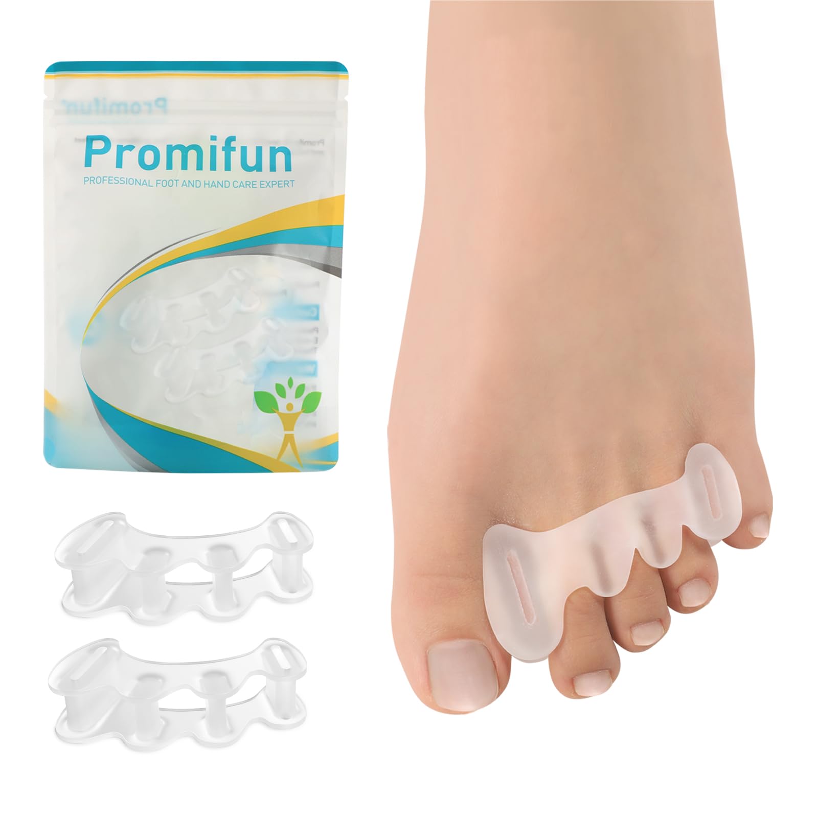 Promifun Toe Separators, 1 Pair of Soft Gel Toe Pads for Bunion Correction, Toe Stretcher for Relief of Plantar Fasciitis, Claw Toe, Hammer Toe and Foot Pain in Men and Women (Clear + L)