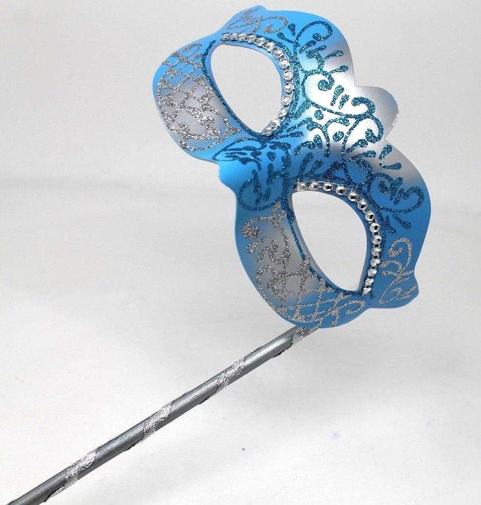 MASK & CO LADIES TURQUOISE & SILVER CRYSTAL JEWELLED EYES VENETIAN MASQUERADE CARNIVAL PARTY EYE BALL MASK ON A STICK,7cm Deep - Image 3