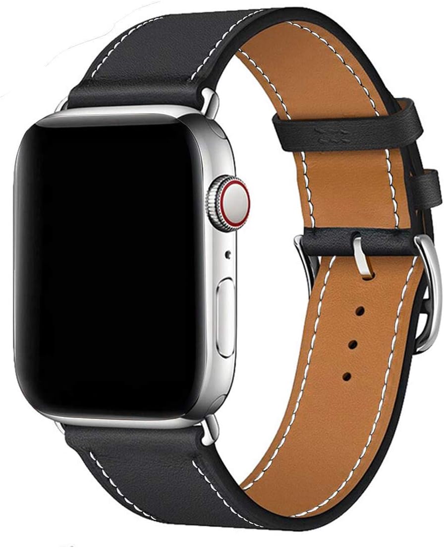 MroTech 38mm/40mm Strap compatible for iWatch Strap 40mm 38mm Watch Band Genuine Leather Watchband with Silver Connectors Replacement for iWatch Series 5/4/3/2/1 Wristband (Black/Silver, 38/40 mm)