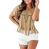 Wrenpies Western Rodeo Fringe Shirts for Women Cowgirl Cowboy Tshirt Cow Skull Vintage Country Music Graphic Tees Tassel Tops