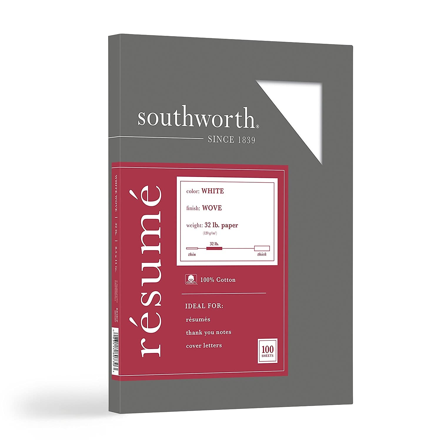 Southworth 100% Cotton Résumé Paper, 8.5" x 11", 32 lb, Wove Finish, White, 100 Sheets (RD18CF)