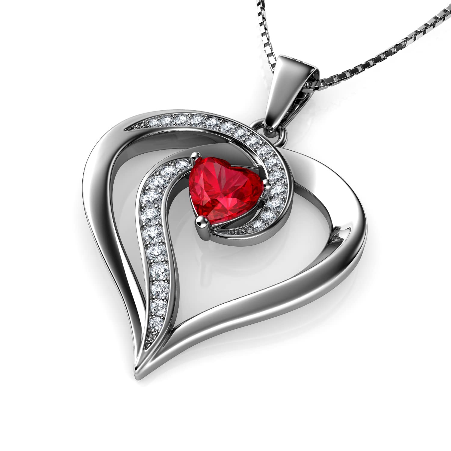 DEPHINI - Heart Necklace - 925 sterling silver Double Hearts Pendant - Cubic Zirconia - Jewellery for Women (Red)