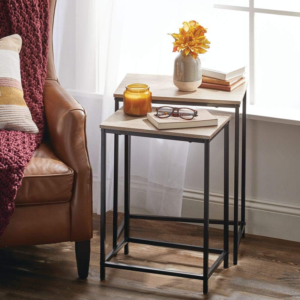 mDesign Modern Nesting Side/End Table - Metal Wood Design - Sturdy Vintage, Rustic, Industrial Home Decor Accent Furniture for Living Room, Bedroom - Set of 2 - Natural/Black: Home & Kitchen