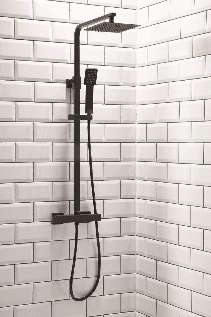 Black Square Thermostatic Shower with Fixed Head and Diverter