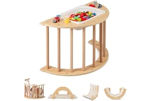 INFANS Wooden Arch Climber Rocker with Soft Cushion, 6 in 1 Montessori Climbing Toys for Toddlers, Waldorf Indoor Table Baby 