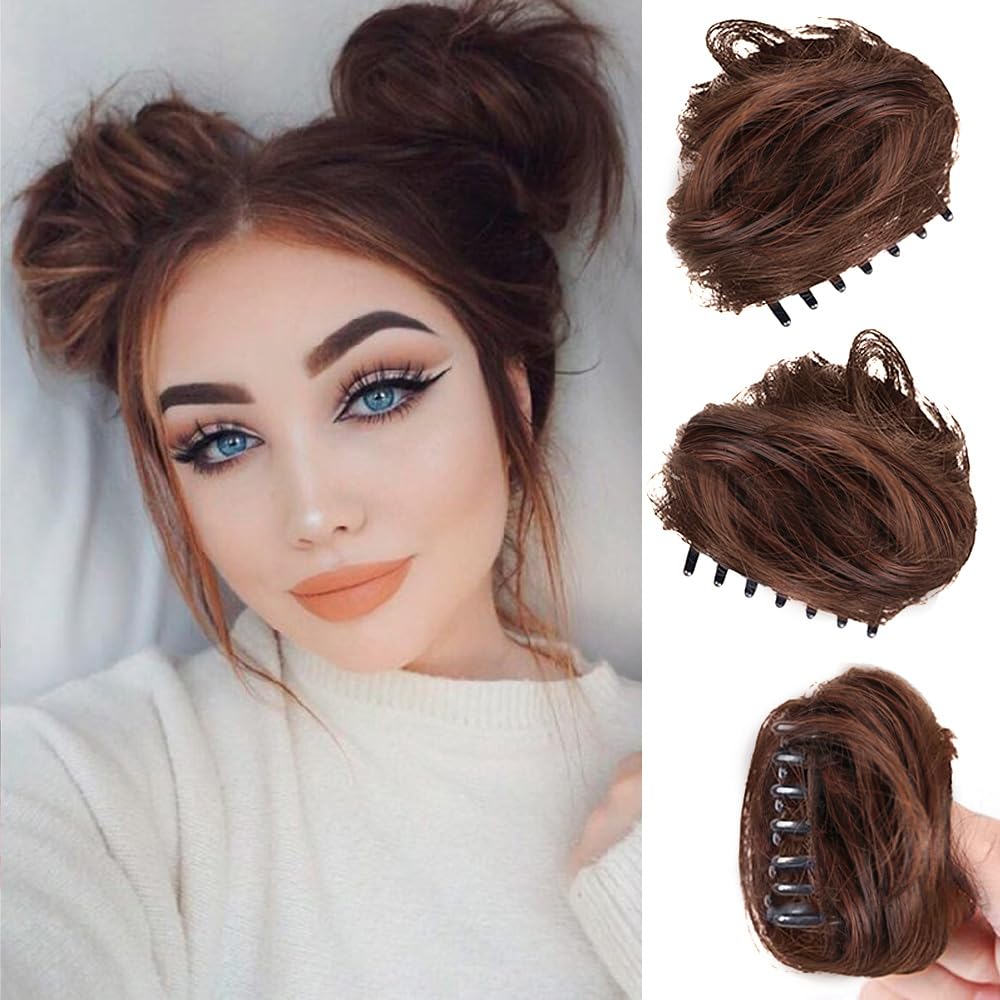 RPAEOY 2PCS Claw Clip in Hair Bun Cat Ears Mini Messy Hair Bun Extension Synthetic Donut Updo Bun Hair Pieces for Women Girls Wig Accessory (Light Brown)