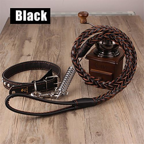 Mr. Dog Leather Leash and Collar for Medium Large Dogs with Buffer Spring , Fits Dog Neck Size 14.5 to 22.4 Inch - Width is 1.2 Inch ,Leash Lenght 3.94 Foot (Black)