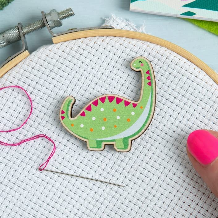 Hawthorn Handmade Dinosaur Needle Minder for Cross Stitch, Embroidery, Sewing & Needlework Accessories. Magnetic Needle Holder, Wooden Stitching Accessory for Holding Needles - Diplodocus Design.