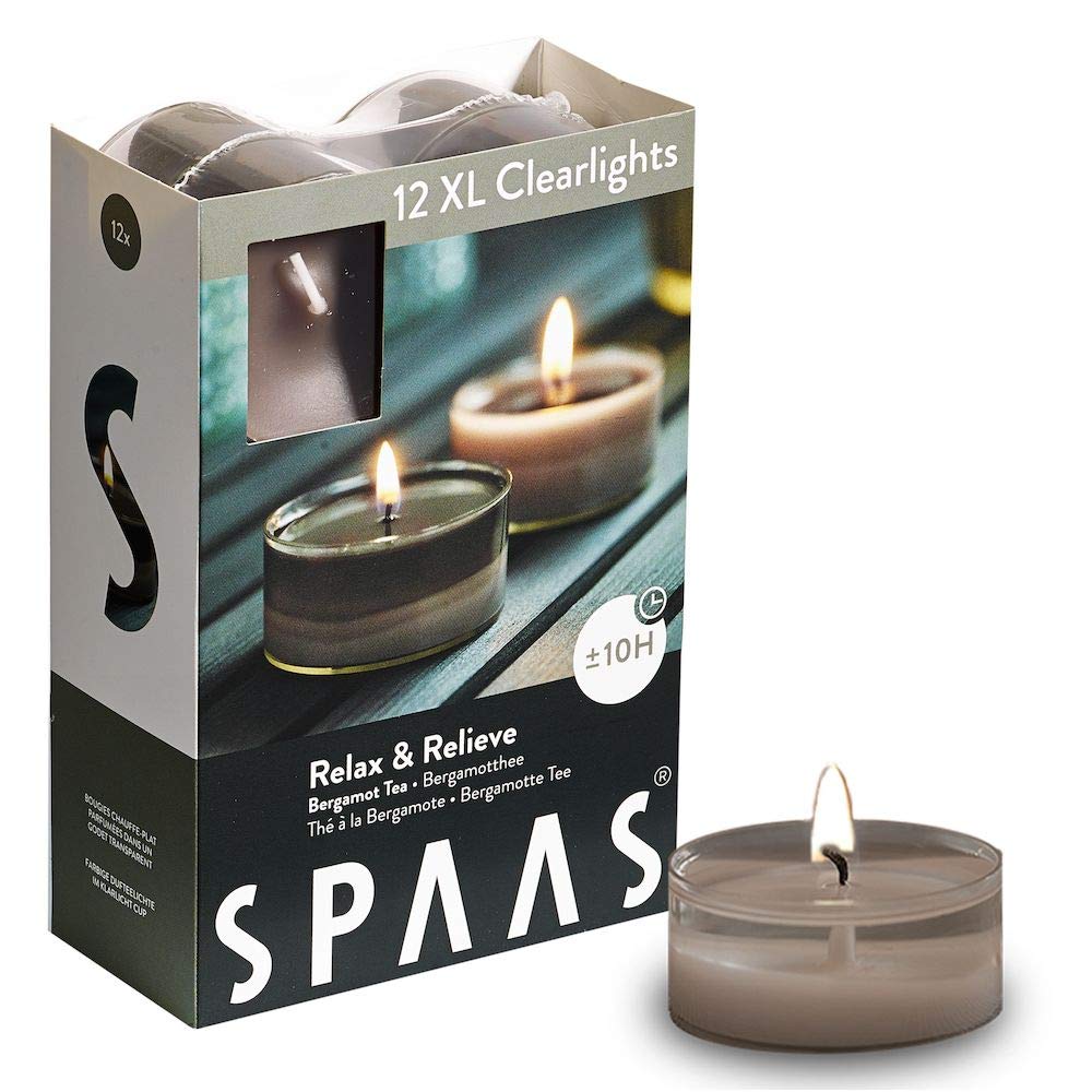 Spaas 12 Maxi Scented Tealights in Transparent Clear Cup, ± 10 Hours, Relax and Relieve