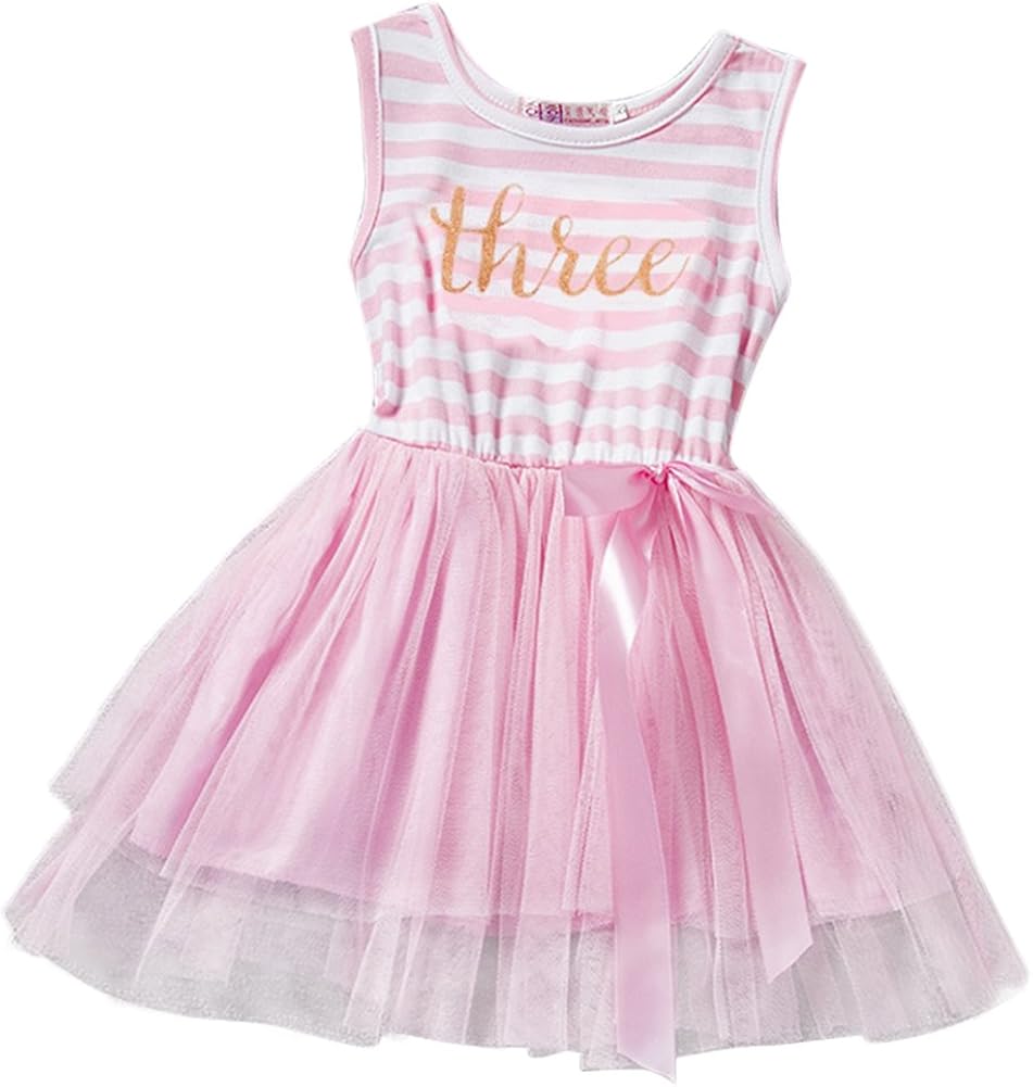 Baby Girls 1st/2nd/3rd Birthday Party Dress Outfit Striped Shiny Letter Crown Cake Smash Party Princess Tulle Skirt Clothes