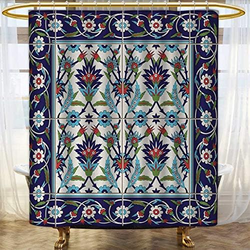 Anhounine Turkish Pattern Shower curtains sets bathroom Mosaic Tiles with Nature Inspired Ornaments Tulips and Daisies with Curls Satin Fabric sets bathroom 54"x72" Multicolor