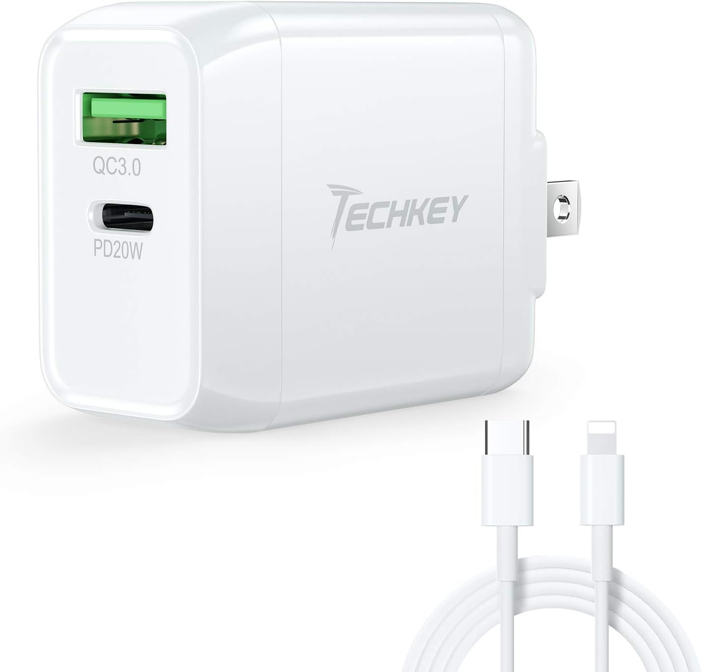 USB C Wall Charger, Techkey 20W 2-Port Fast Charger USB Type C Charger 5V / 3A Power Adapter Quick Charge 3.0 with Foldable Plug for iPhone 12/11 / X / 8/7 / 6, iPad and More