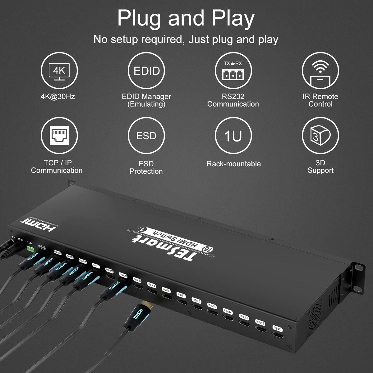 TESmart 16×1 HDMI Switch 16 in 1 Out 4K@30Hz HDCP 1.4 with 19-inch Rack-Ears | RS-232 / LAN Control | IR Remote Control and Auto Switch | Auto Scan Time Interval - Black: Electronics