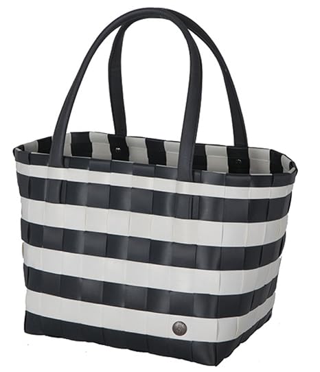 Handed By - Color Block Vintage Shopper/Tasche/Einkaufstasche - breit geflochten - dunkelgrau/weiß - Größe: S - 27 x 31 x 24 