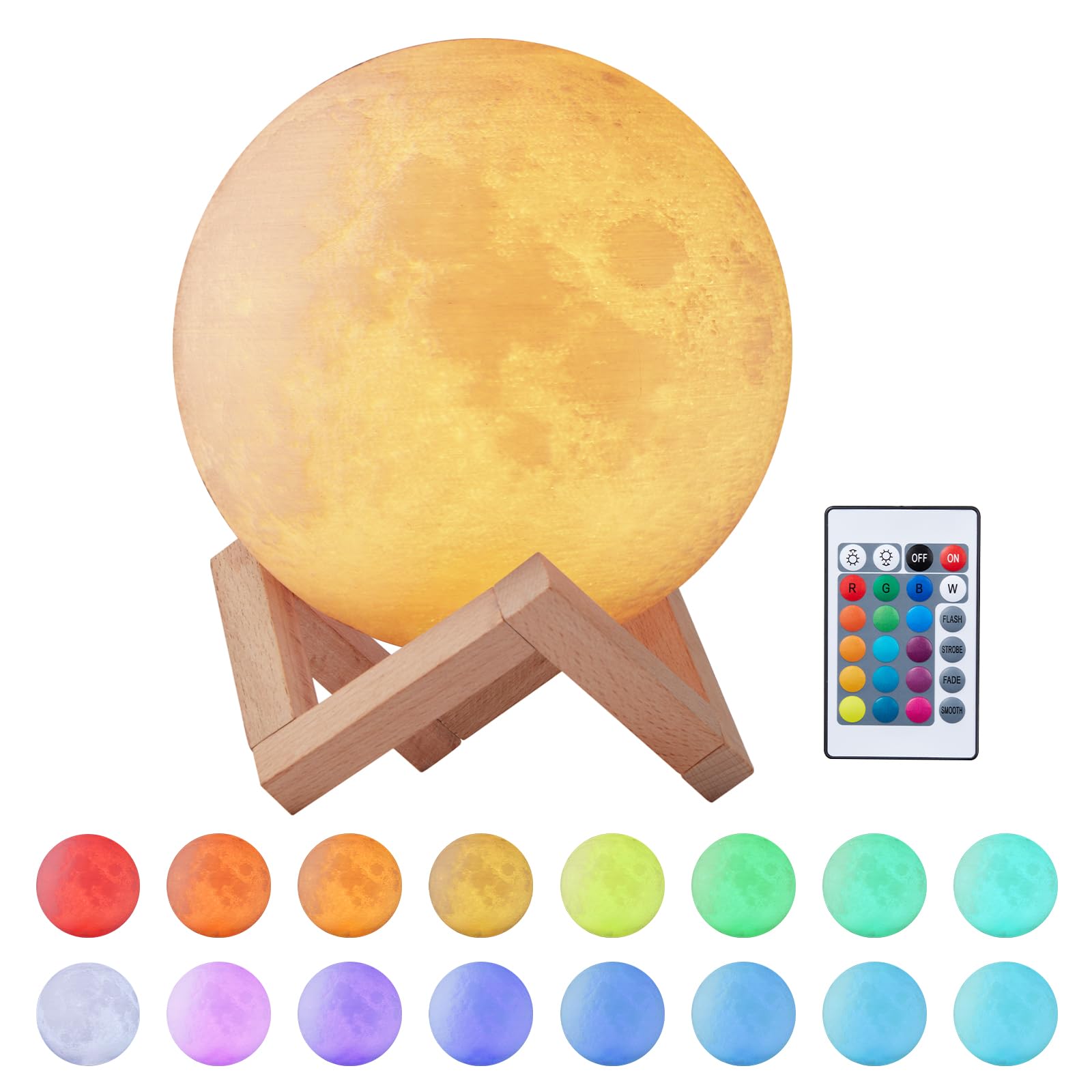 EXTSUD Full Moon Lamp, LED Lunar Night Light with Remote Control, Dimmable Brightness, 16 Colors, 4 Light Modes, USB Rechargeable Table Lamp Moonlight with Wooden Holder (15 CM)