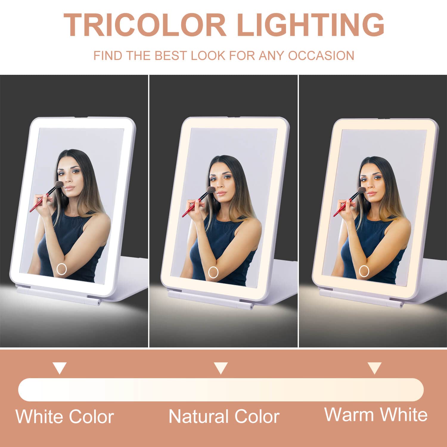 LED Foldable Travel Makeup Mirror - 5x7 inches 3 Colors Light Modes USB Rechargeable Touch Screen, Portable Tabletop Cosmetic Mirror for Travel, Cosmetic, Office (White)