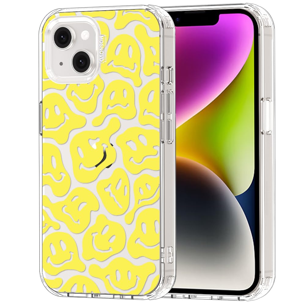 MOSNOVO Case for iPhone 13/14, [Buffertech 6.6ft Military-Grade Drop Protection] [Anti Peel Off Tech] Clear TPU Bumper Phone Case Cover Design - Melted Yellow Smiles Face