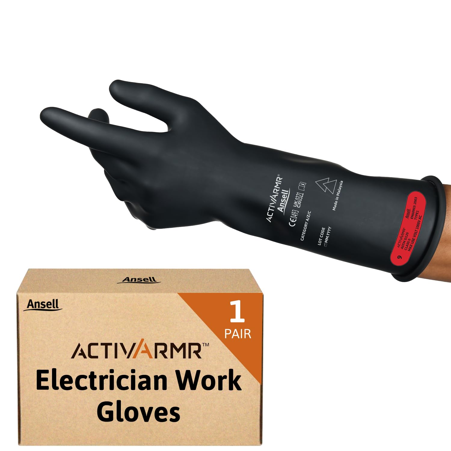Ansell ActivArmr Electrician Work Gloves, Electrical Protection Class 0 (1000V), Insulating Natural Rubber Latex Gloves, Industrial Safety PPE, 14 Inches, Black, Size XL (1 Pair)