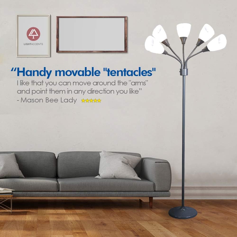 Modern Floor Lamp Room Light by Lightaccents - Medusa Multi Head Standing Lamp Bedroom Light with 5 Adjustable White Acrylic Reading Shades Room Light (Silver) - - 