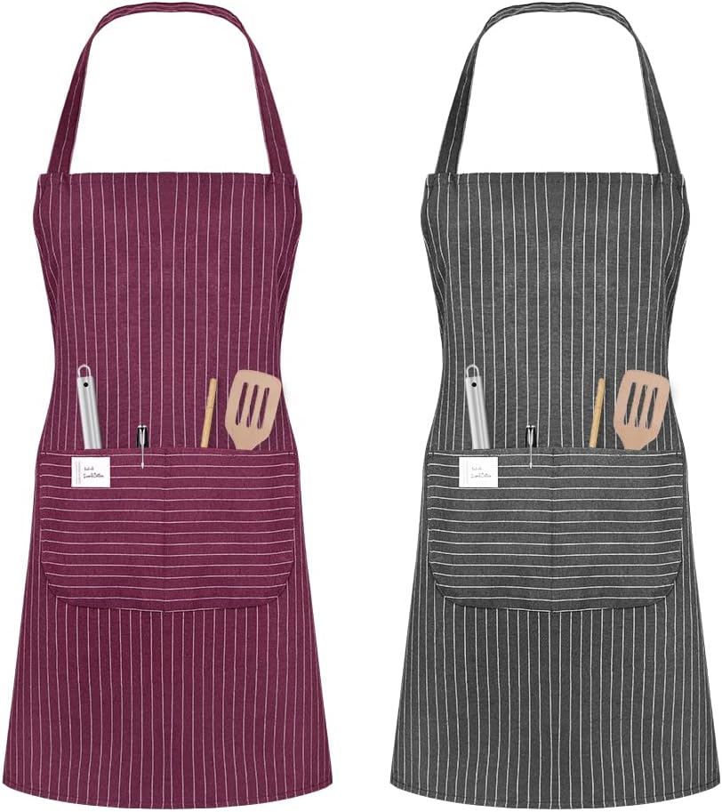Vicloon Unisex Adjustable Bib Apron 2 Pcs with Pockets Wine Red Grey