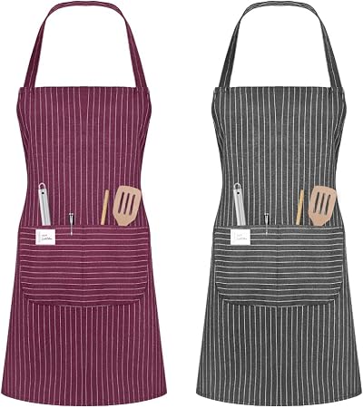 Vicloon Unisex Adjustable Bib Apron 2 Pcs with Pockets Wine Red Grey