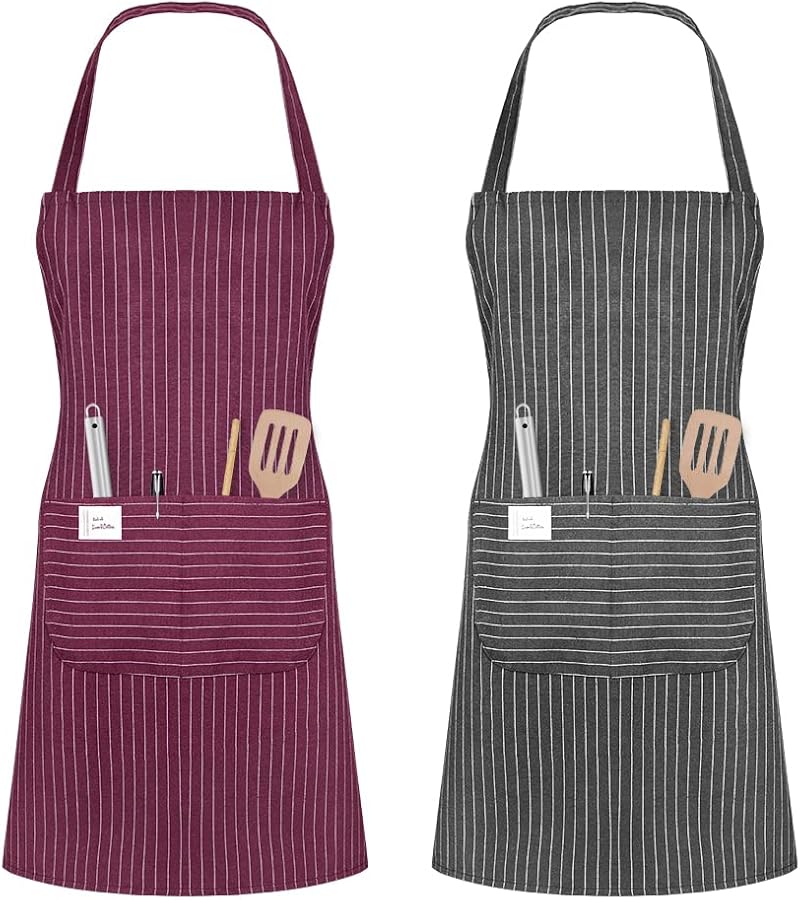 Vicloon Unisex Adjustable Bib Apron 2 Pcs with Pockets Wine Red Grey