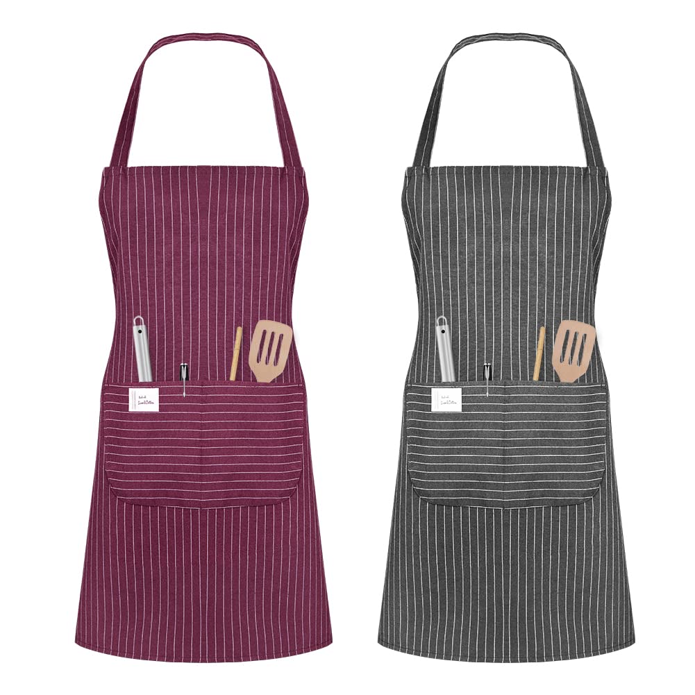 Vicloon Unisex Adjustable Bib Apron, 2 Pcs Apron with 2 Pockets Cooking Kitchen Chef Aprons, Women Men Aprons for Home Kitchen, Restaurant, Coffee house (Wine Red/Grey)
