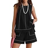 LOMON Womens Two Piece Short Sets Summer Round Neck Sleeveless Tank Tops Drawstring Elastic Waist Shorts with Pockets