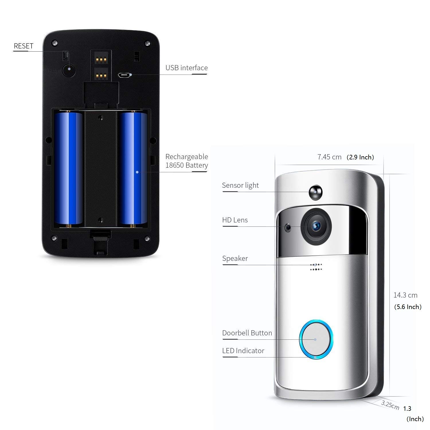 Wireless Video Doorbell with LED Ring Button HD Wifi Camera with Real-time Video, Two-Way Talk, Night Vision, PIR Motion Detection, SD Card IOS Android,Powered by AC & DC & Battery (6 Months Work)