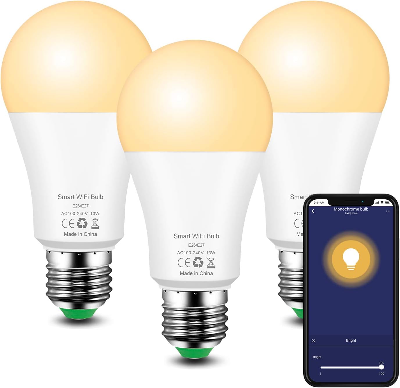 Smart Light Bulb E26 Alexa Light Bulbs 13W Equivalent 100W Halogen, WiFi LED Light Bulb Dimmable Compatible with Alexa Echo Google Home Assistant, 1050LM, Soft White 2700K, No Hub Required - 3 Pack