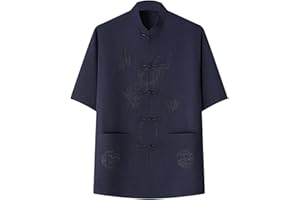 Cambkatl Men's Short Sleeve Mandarin Collar Kung Fu Shirts Chinese Traditional Embroidered Tai Chi Frog-Button Shirt
