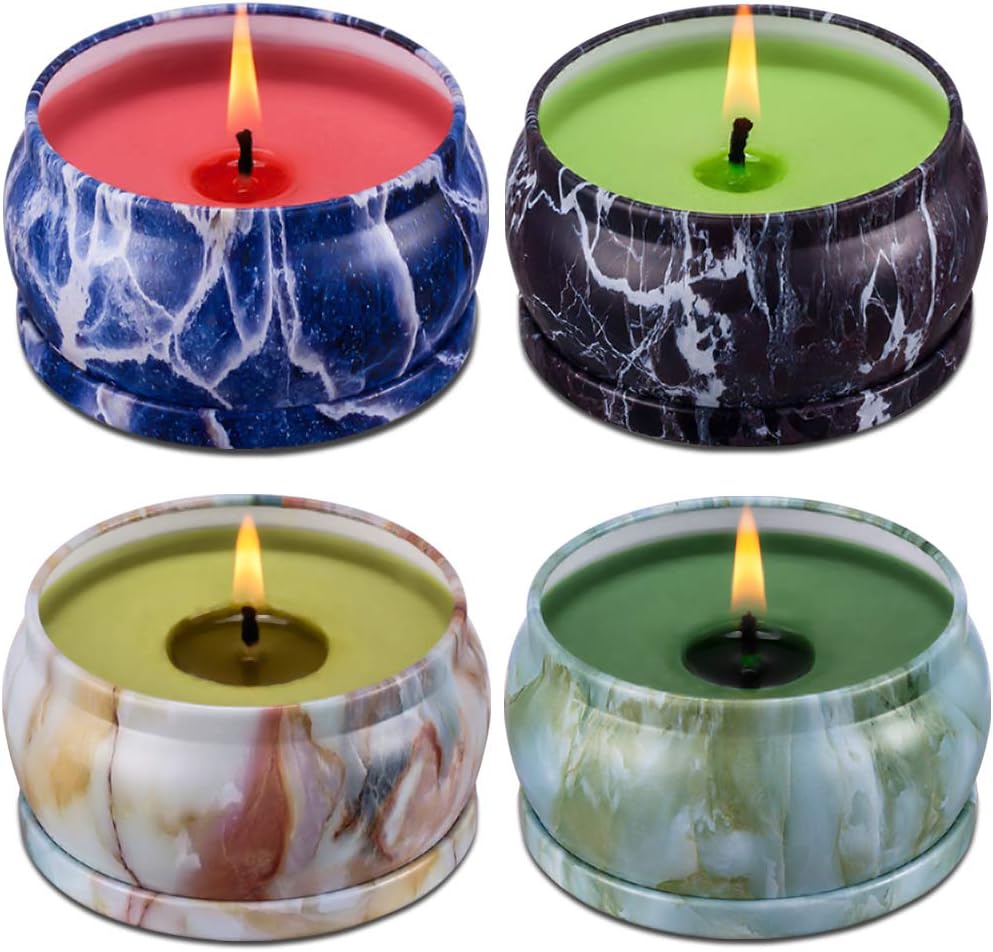 Soy Wax Scented Candles 4.5oz Each 25H Long Burning Time Big Travel Tin Candle Strongly Smells, Creating Nice Moon, Aromatherapy & Stress Relief for Women Men (Cinnamon, Amber, Tea Tree, Wintergreen)