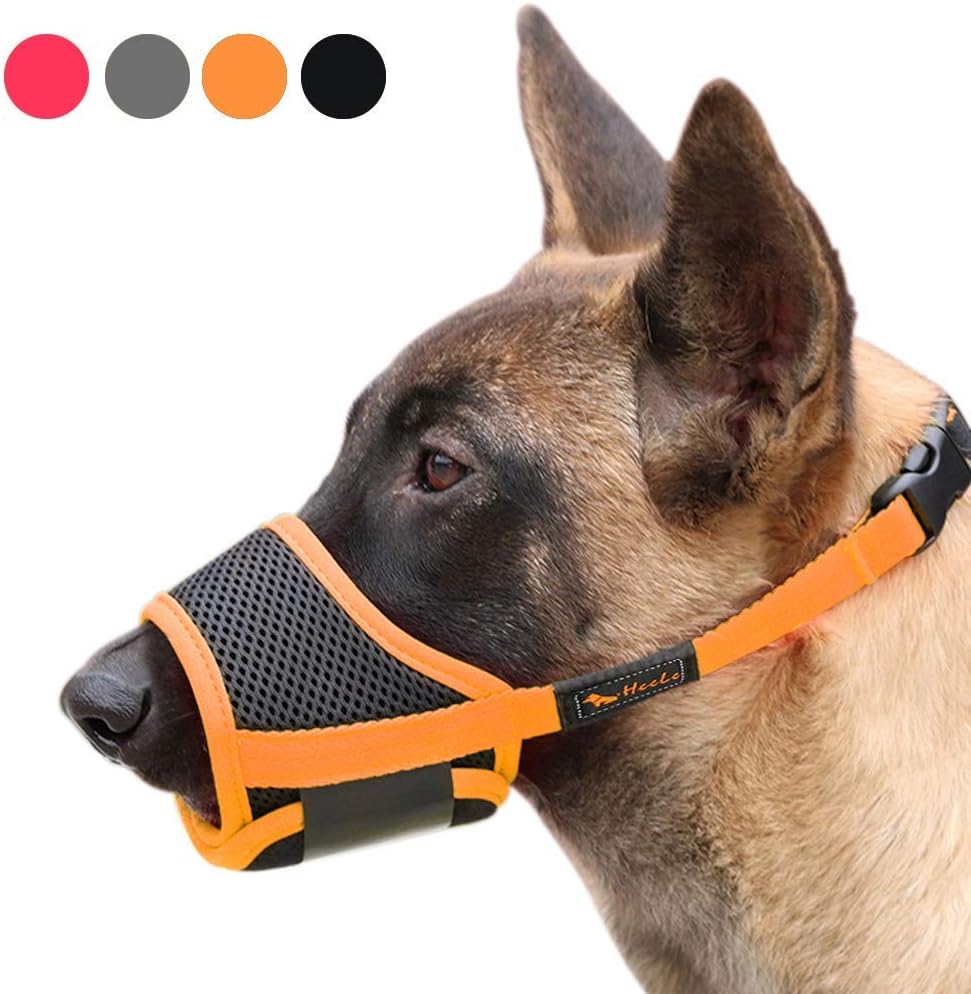 HEELE Dog Muzzle Nylon Mesh Breathable Adjustable Straps Black Orange M