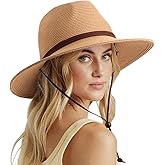 DRESHOW Womens Summer Straw Sun Hat Wide Brim Bucket Hats Fedora Hat Panama Beach Hat with Chin Strap UPF 50+