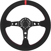 Spaorcco Red Stripe Racing Steering Wheel Suede Leather 12.5"/320mm | Deep Dish Steering Wheel 6 Bolts with Red Stitch for Race/Rally/Motorsport/Car Sim Driving