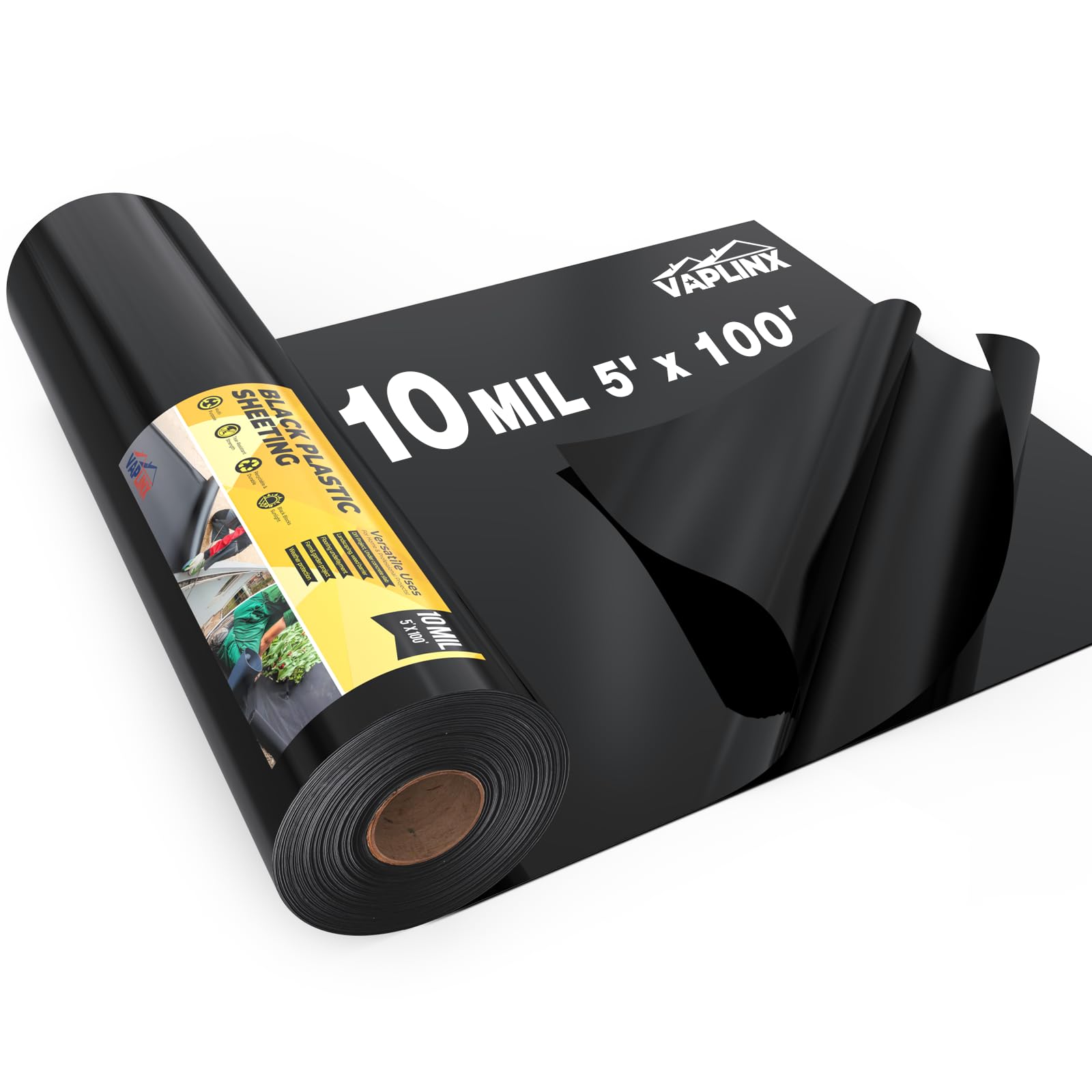 Photo 1 of 10 Mil Black Plastic Sheeting 5x100 FT – UV Protection Poly Sheeting Polyethylene Film, Black Plastic Rolls for Garden, Crawl Space Vapor Barrier, Construction, Landscaping, Weed, Moisture Control