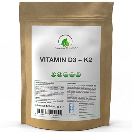 Vitamin D3 + K2 (MK-7) 5.000 IE + 100 MCG, 180 hochdosierte Tabletten (vegan), Knochenstoffwechsel + Muskelfunktion, hergeste