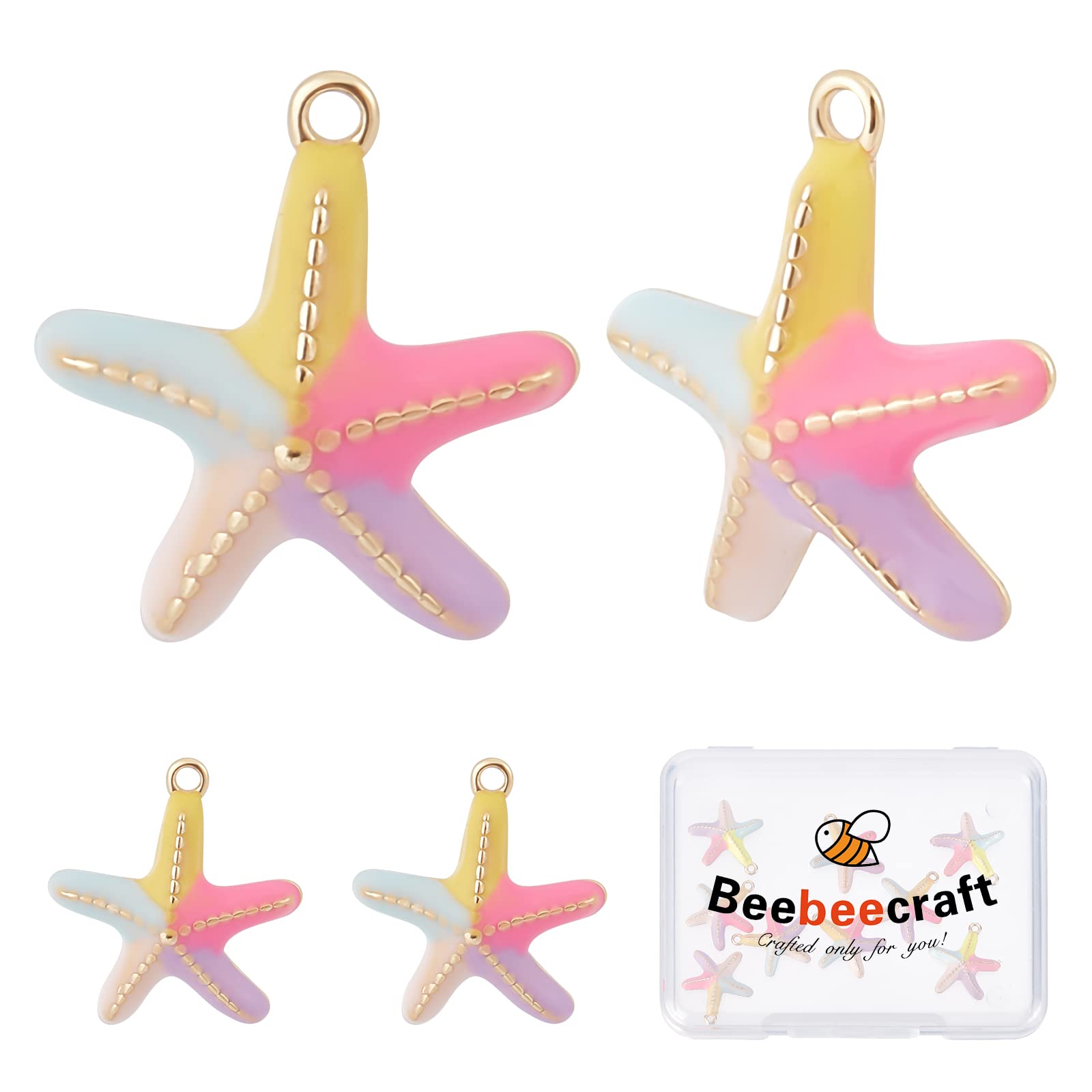 Beebeecraft 1 Box 10Pcs Enamel Starfish Charms 18K Gold Plated Colorful Beach Sea Stars Pendants 14x13.5x3.5mm for Summer Hawaii Jewelry Making Supplies