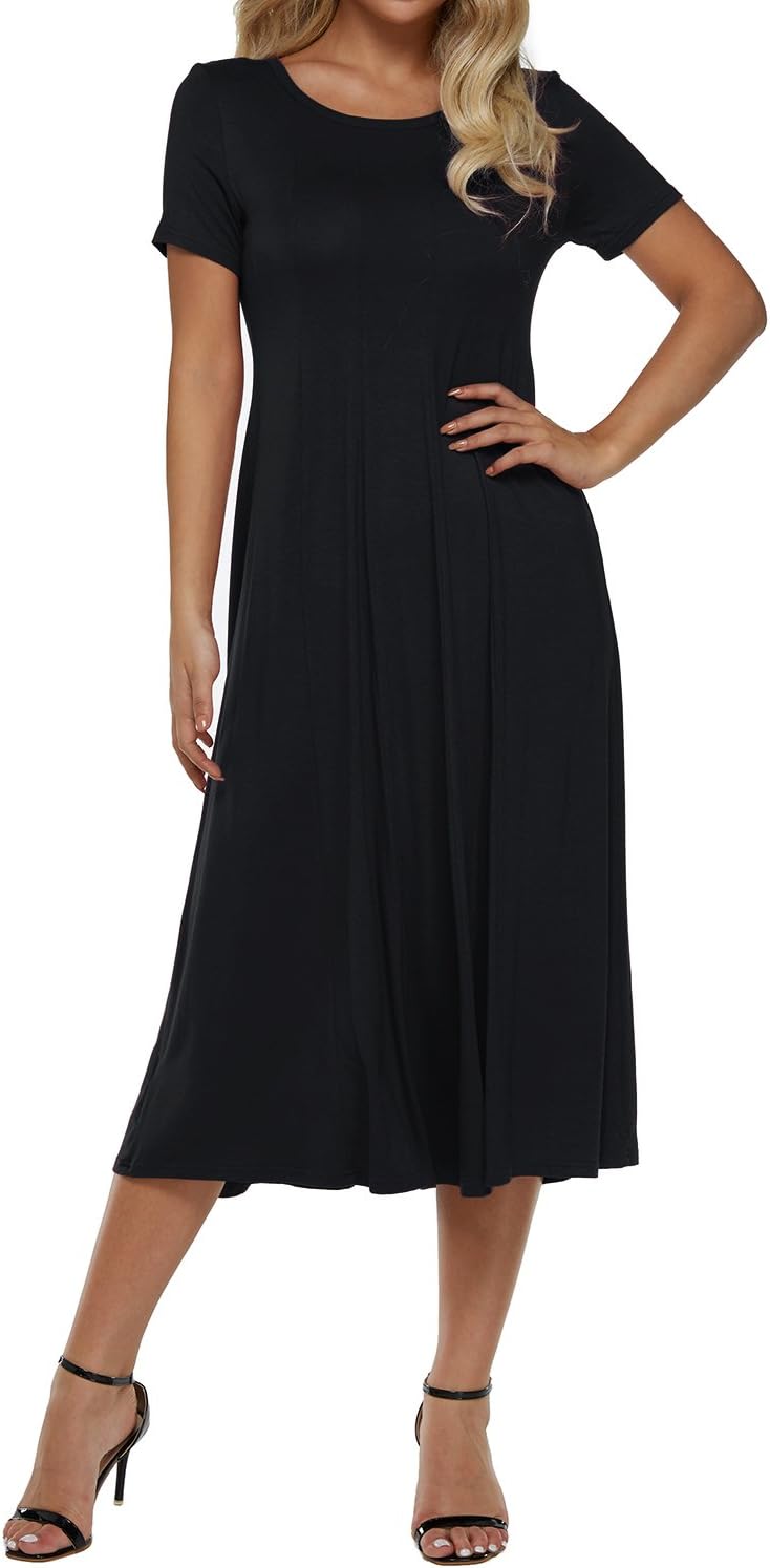 Zanzea Women Plain Dress Short Sleeve Aline High Waist Casual Solid Basic Swing Midi Dresses Cocktail