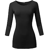 SSOULM Women's Casual 3/4 Sleeve Stretchy Slim Fit Basic T-Shirt Top with Plus Size