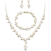 EVER FAITH Bridal Cubic Zirconia Jewelry Sets for Women, White Simulated Pearl Leaf Vine Pendant Wedding Party Necklace Earrings Set for Bridesmaid Bride