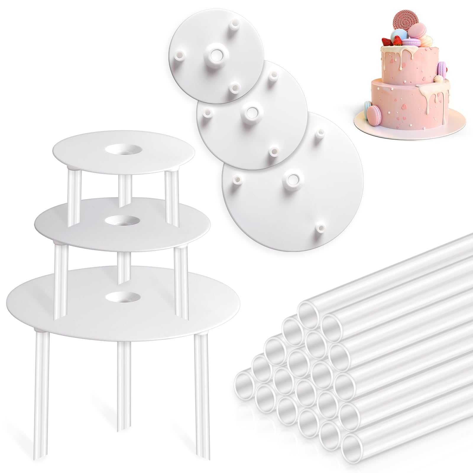 Vicloon Cake Dowel Rods Set, 20 Pcs Plastic Cake Support Rods, White Cake Stand Sticks with 3PCS Cake Boards, Reusable Cake Stand Sticks for Tiered Cake Construction Supporting