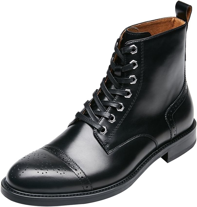 KINGSTEP Men's Fashion Leather Brogue Boots Round Toe Lace Up Martin Boots