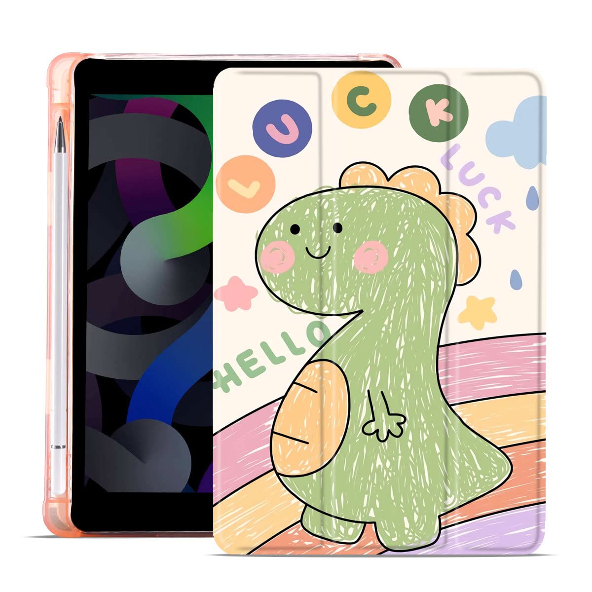 MAYCARI Cute Cartoon Lucky Dinosaur iPad mini 4(2015) & iPad mini 5(2019) 7.9 inch Case with Pencil Holder, Support Auto Sleep/Wake, Pink Soft TPU Back Protective Case for Girls Women Men