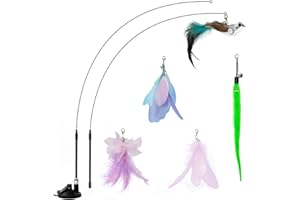 XGX Jetczo Cat Feather Toys, Interactive Cat Toy with Super Suction Cup Detachable 5 PCS Feather Replacements with Bell, 2 Wand Cat Spring Interactive Feather Toys for Indoor Cats Play Chase Exercise